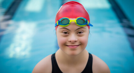 Portrait of a confident young female swimmer with Down syndrome wearing a red swim cap and goggles, smiling in a swimming pool.