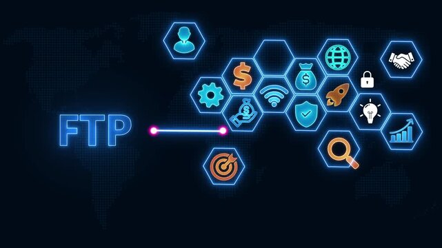 FTP File Transfer Protocol network connection concept with global map and icons technology