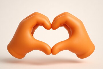Obraz premium Two vibrant orange 3D rendered cartoon hands form a heart shape on a light background