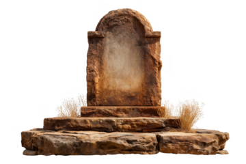 Ancient stone monument with dry grass weathered rock isolated on a transparent background