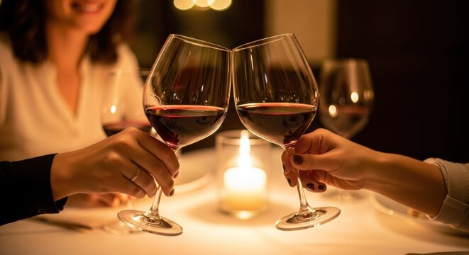 Two people toast with red wine glasses at a romantic candlelit dinner, smiling - Powered by Adobe