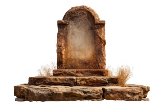 Ancient stone monument with dry grass weathered rock isolated on a transparent background