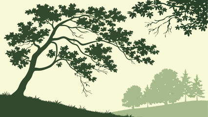 Silhouette of Trees in a Green Landscape Nature Illustration Eco-Friendly Design Botanical Artwork.