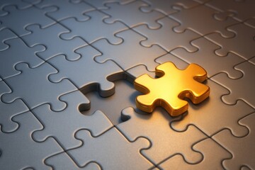 Obraz premium Unique golden puzzle piece poised to complete a field of numerous grey pieces
