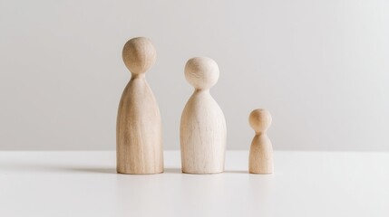 Three minimalist wooden figures stand on a plain white background,
