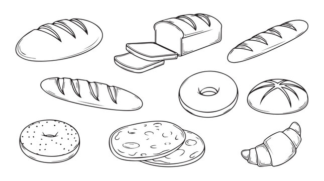Assortment of hand-drawn bakery items and bread sketches for culinary design vector