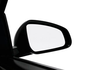 Car side view mirror with a blank white screen for mockup or copy space. Isolated on transparent background