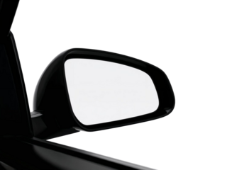 Car side view mirror with a blank white screen for mockup or copy space. Isolated on transparent background