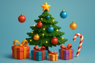 Vibrant 3D illustration of a festive Christmas tree, gifts, ornaments, candy cane