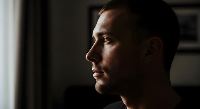 Profile portrait of a serious young man illuminated by window light, deep in thought and contemplation indoors.