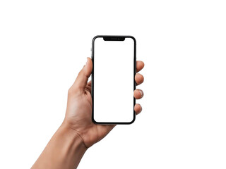 hand holding a smartphone in landscape mode with a blank screen for mockup. Isolated on transparent background