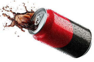 Red black soda can liquid splash drink isolated on a transparent background