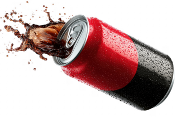 Red black soda can liquid splash drink isolated on a transparent background