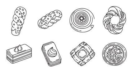 Artistic line drawing collection of assorted baked goods and pastries for culinary design vector