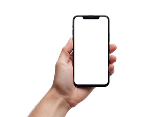 hand holding a smartphone in landscape mode with a blank screen for mockup. Isolated on transparent background