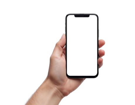hand holding a smartphone in landscape mode with a blank screen for mockup. Isolated on transparent background