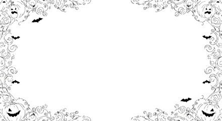 Obraz premium A decorative Halloween frame with spooky Jack-o'-lantern pumpkins and flying bats, a black and white line art illustration with empty copy space for text