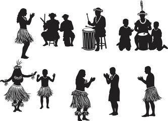 Traditional Polynesian and Hawaiian Dance and Music Silhouettes Featuring Cultural Instruments, Hula Performers, Feathered Headdresses, and Festive Celebration Scenes
