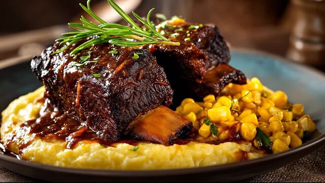 Juicy beef rests on mashed potatoes with beef drizzled in sauce. The beef is enhanced by corn kernels and complemented by creamy mashed potatoes and fresh garnishes.