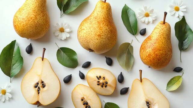 A bunch of fresh pears with green leaves and seeds, perfect for still life photography or fruit arrangement