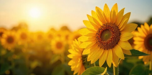 Obraz premium Vibrant sunflowers basking in the golden sunlight, petals unfurling in a breathtaking display of nature's beauty A perfect image for summer, warmth, and the joy of the season , botanical, plant