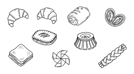 Hand drawn pastries collection delicious baked goods croissant brioche palmiers muffins bread vector