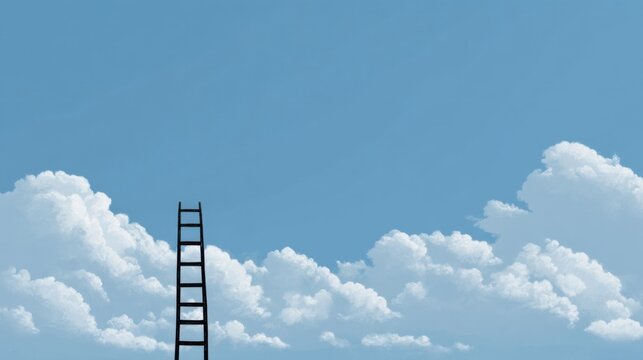 A vertical ladder stands against a vast sky filled with diverse clouds,