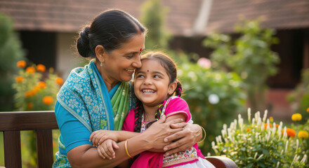 a warm moment where a grandmother and granddaughter share a loving embrace indoors