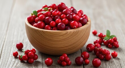 Vibrant red cranberries spill from a rustic wooden bowl onto weathered wood planks