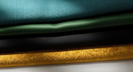 Vibrant stacked fabrics textured teal, smooth green, black, and patterned gold material