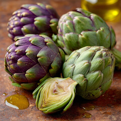 Obraz premium Fresh artichokes with olive oil drizzled on a rustic surface.
