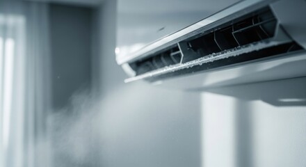 Wall-mounted AC unit blowing cold mist into a bright room, frost on interior vents