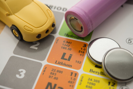 Lithium (Li) chemical element symbol in periodic table with lithium - ion batteries, electric vehicle (EV) car. The primary use Li is in high energy density batteries for EV car and portable devices.
