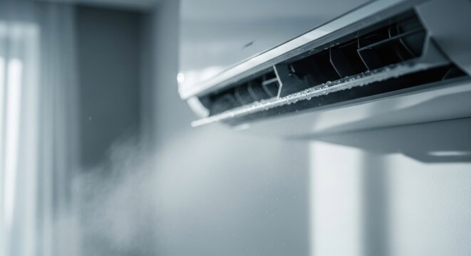 Wall-mounted AC unit blowing cold mist into a bright room, frost on interior vents - Powered by Adobe