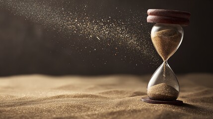 hourglass. Hourglass on stone with sand flowing and scattering in the wind. wellbeing guides, coaching materials, designed for coaching and self-improvement content, clarifies learning.