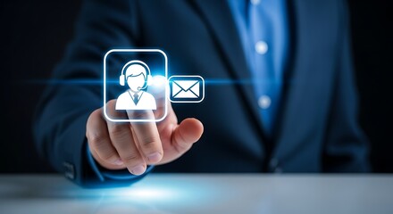 Business professional touches holographic customer service icon on a digital interface for support