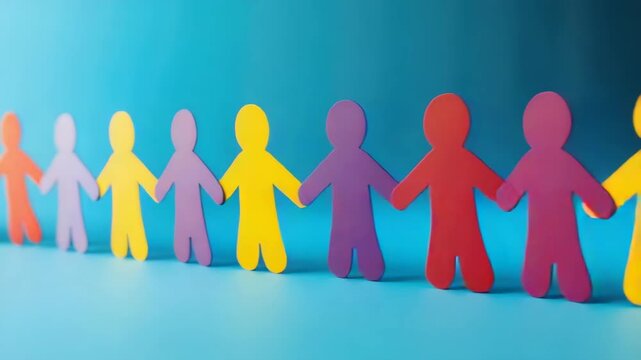 Colorful paper cut-out chain of human figures holding hands over blue background