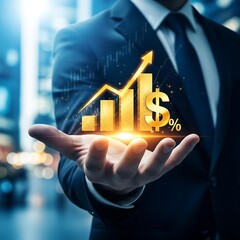 Businessman holding a glowing financial growth chart with dollar and percentage symbols