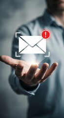 Businessman holding digital envelope icon with new message notification glowing brightly