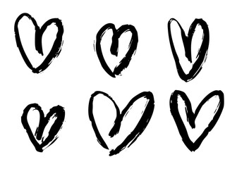 Set of black brush stroke grunge heart icons. Hand drawn doodle style vector illustration isolated on white background. Perfect for Valentine, love, decoration, and design projects.