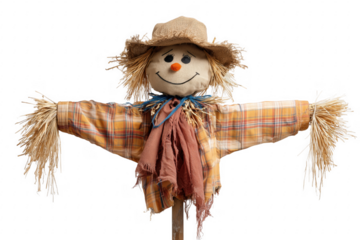 Cheerful straw figure with plaid shirt scarecrow burlap isolated on a transparent background