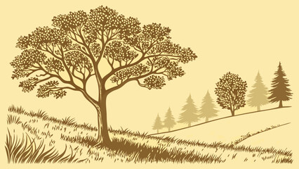Stylized illustration of trees and grass on a hill nature scene landscape design autumnal colors vector art.