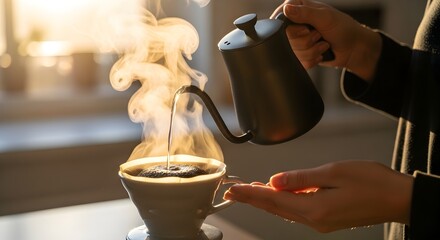 Hands carefully pour hot water from a stylish gooseneck kettle over fresh coffee grounds, creating a steaming, aromatic pour-over brew in a cozy morning light.