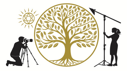Stylized photography concept with tree of life photographer and lighting assistant.