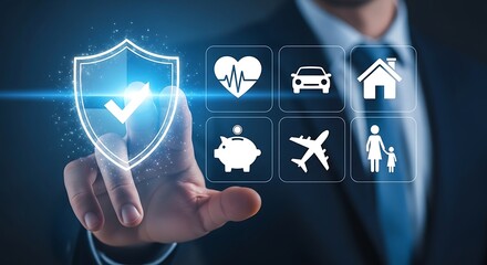 Businessman's hand interacting with holographic insurance protection icons for life health car home travel and people