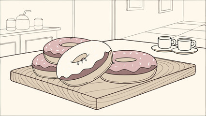 Three Donuts and Two Cups of Coffee on Wooden Board - Sweet Treat Illustration.