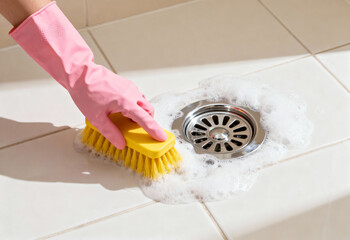 Person wearing pink gloves scrubbing bathroom tiles around a metal drain with yellow brush and soap suds for deep cleaning