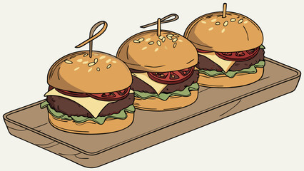 Three Mini Burgers on Wooden Tray Delicious Fast Food Illustration Appetizer Menu Design.