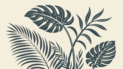 Tropical Leaf Illustration Botanical Print Palm and Monstera Design Dark Teal on Beige Background Summer Floral Artwork Elegant Plant Silhouette Minimalist Nature Decor Vector Illustration.