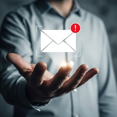 Digital email notification emerging from hand with unread message alert symbol